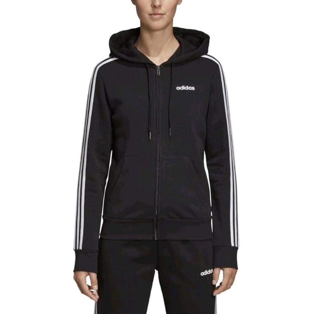 Nwt Adidas Womens Fleece Lined 3 Stripe Black Full Zip Terry Hoodie Jacket Small
